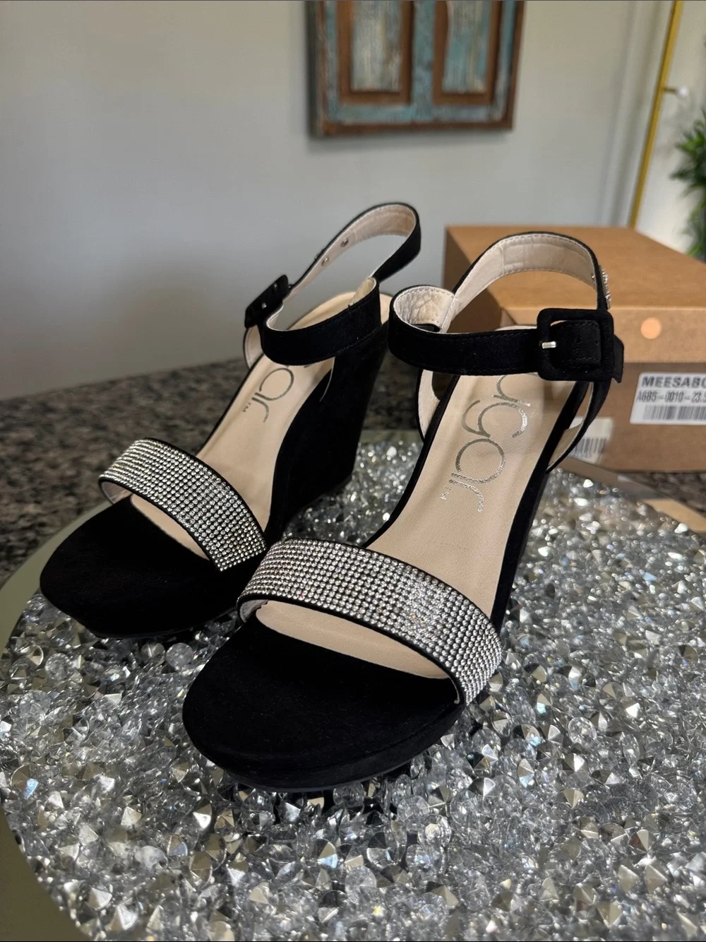Sugar Black Wedge Sandals with Crystal Front Strap NEW 8.5